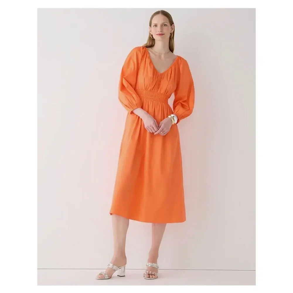 NWT J. CREW Orange Cotton Poplin V Neck Smocked Waist Midi Dress Size XS Boho